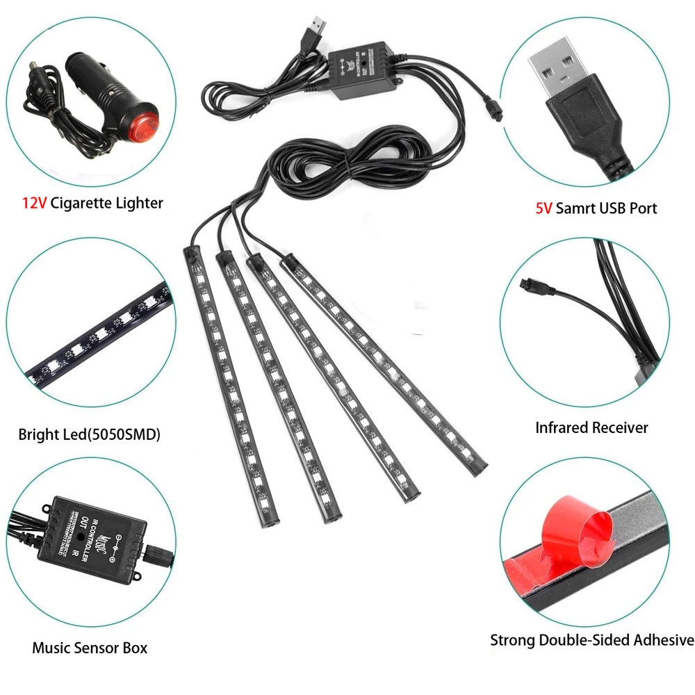 Цветная (RGB) Светодиодные ленты интерьер автомобиля атмосфера светильник тире