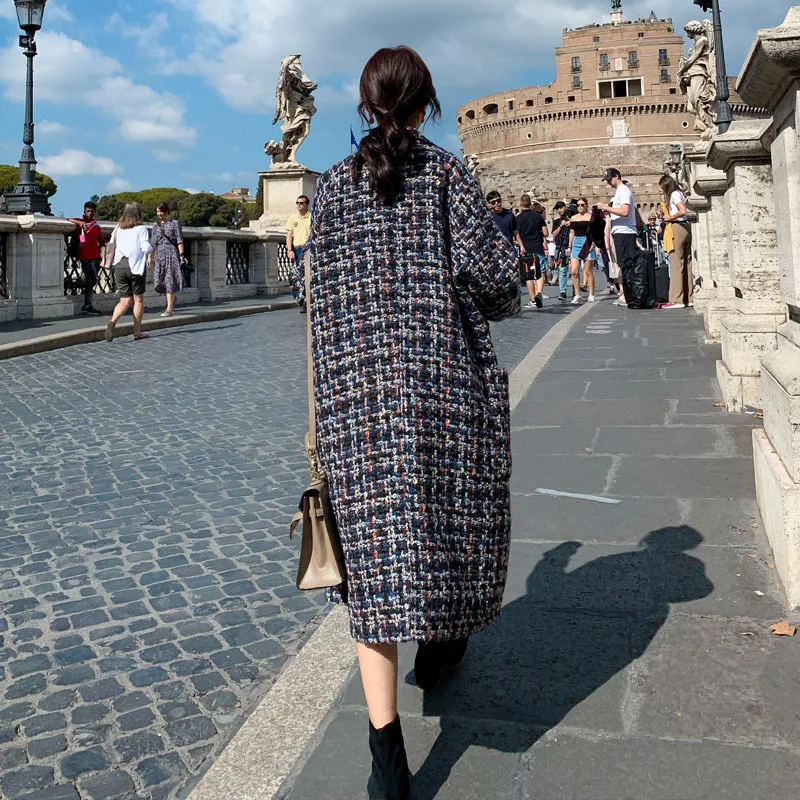 

Winter 2020 New Tweed Woolen Coat For Women Korean Mid-length Loose Overcoat Lapel Office Lady Classic Wool Outwear Female