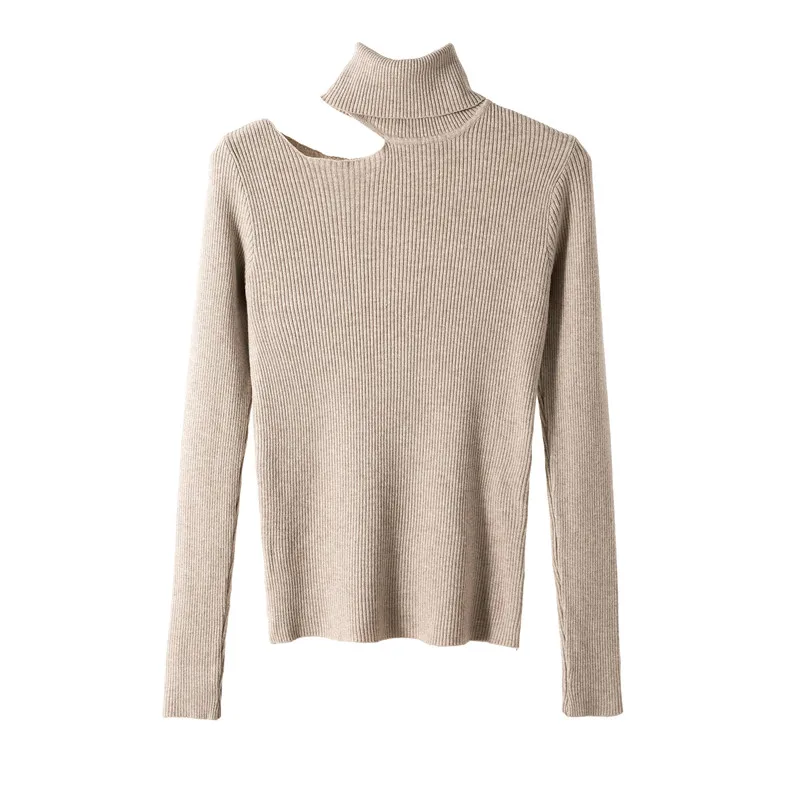 

Autumn Turtleneck Knitted Pullovers Women Design Hollow Off Shoulder Slim Knit Tops Winter Fashion Korean Warm Sweater