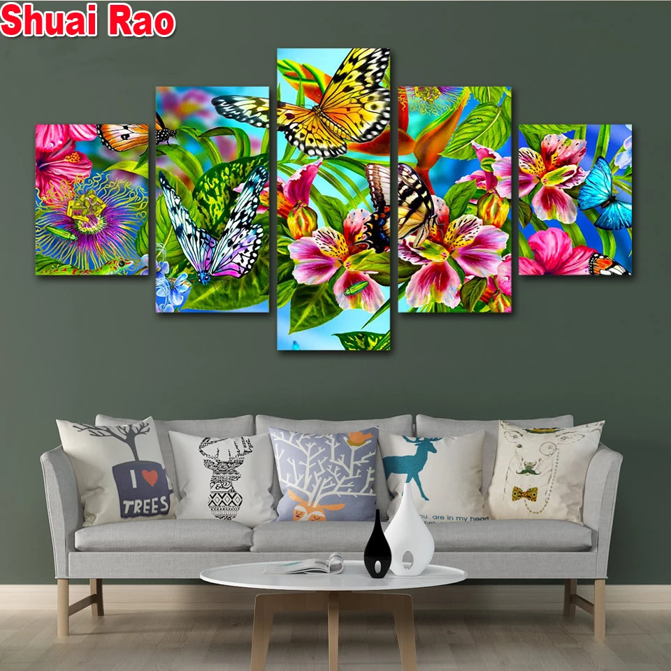 

Butterflies Flowers diamond embroidery,Multi-Panel painting full round drill 3d cross stitch mosaic diamond painting 5 pieces se