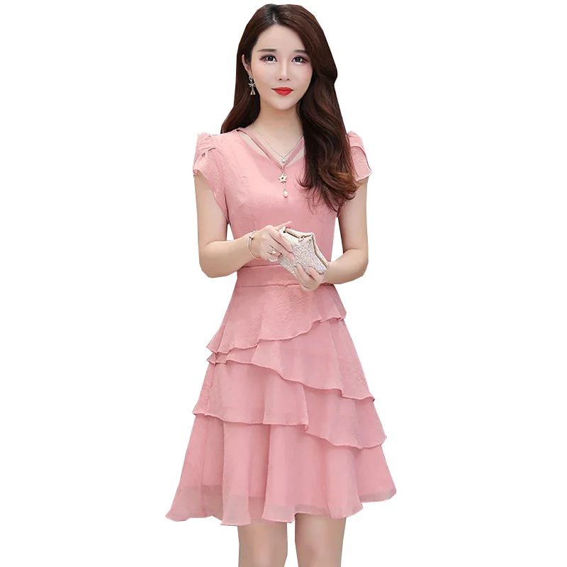 

2021 Summer Vintage Chiffon Dress Women Sexy V-Neck Solid Mini Dress Sweet Elegant Slim Multi-Layer Ruffle Party Dress Plus Size