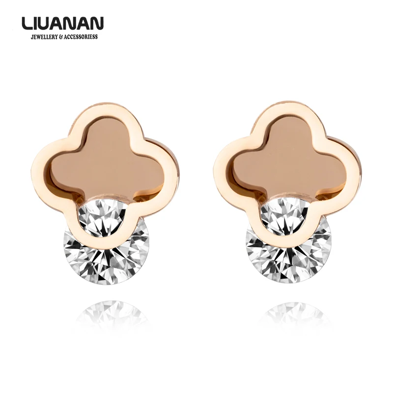 Серьги гвоздики в виде клевера с цирконом из нержавеющей стали серьги розового
