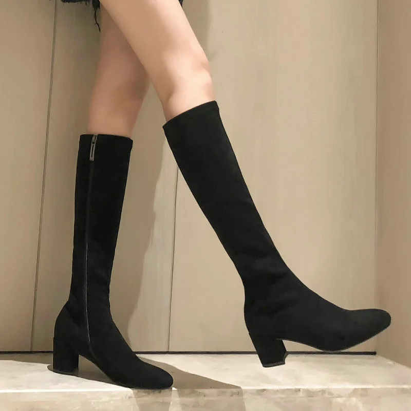 

EshtonShero Flock Stretch Sock Boots Round Toe Square Med Heel Black Knee High Boots Zipper Woman Casual Boot Size 3-12