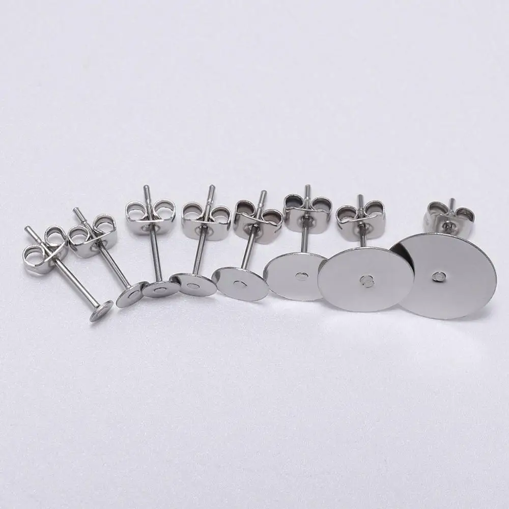 100pcs/lot Stainless Steel Blank Post Earring Studs Base Pins With Plug Ear Back For DIY Jewelry Making Cabochon Bracket - купить по