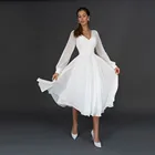 Белое шифоновое Короткое свадебное платье для невесты, ТРАПЕЦИЕВИДНОЕ свадебное платье с длинными рукавами и V-образным вырезом, очень низкая цена