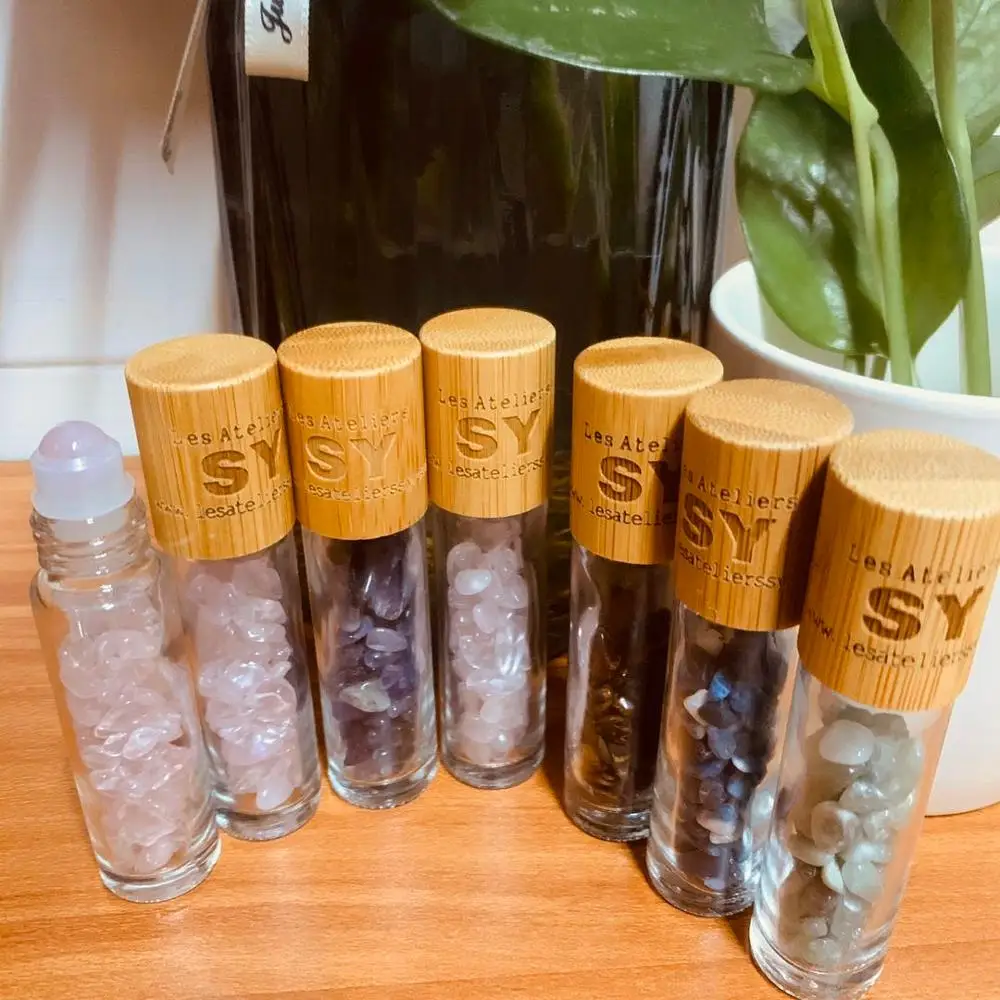 10ml Glass Rose Quartz Crystal Stone doterra Essential Oils Massage Roller bottles Roll On Perfume bottle bamboo cap Jade ball