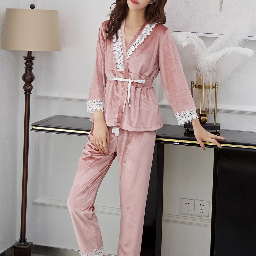 3 шт. Женские пижамы кружевные золотые бархатные ночнушки комплект ночной