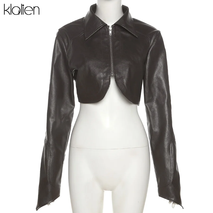 KLALIEN Fashion Casual Turn-down Collar Zipper Slim PU Leather Coat For Women Streetwear Short Jacket Solid Black Y2K Clubwear