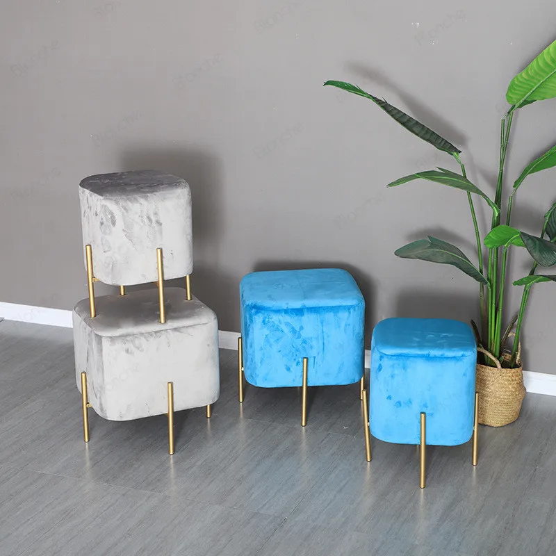 Nordic Square Fabric Stool Gold Metal Small Stools Modern Footstool Shoes Store Bedroom Bench Dining Chairs Vanity Sofa Ottoman | Мебель