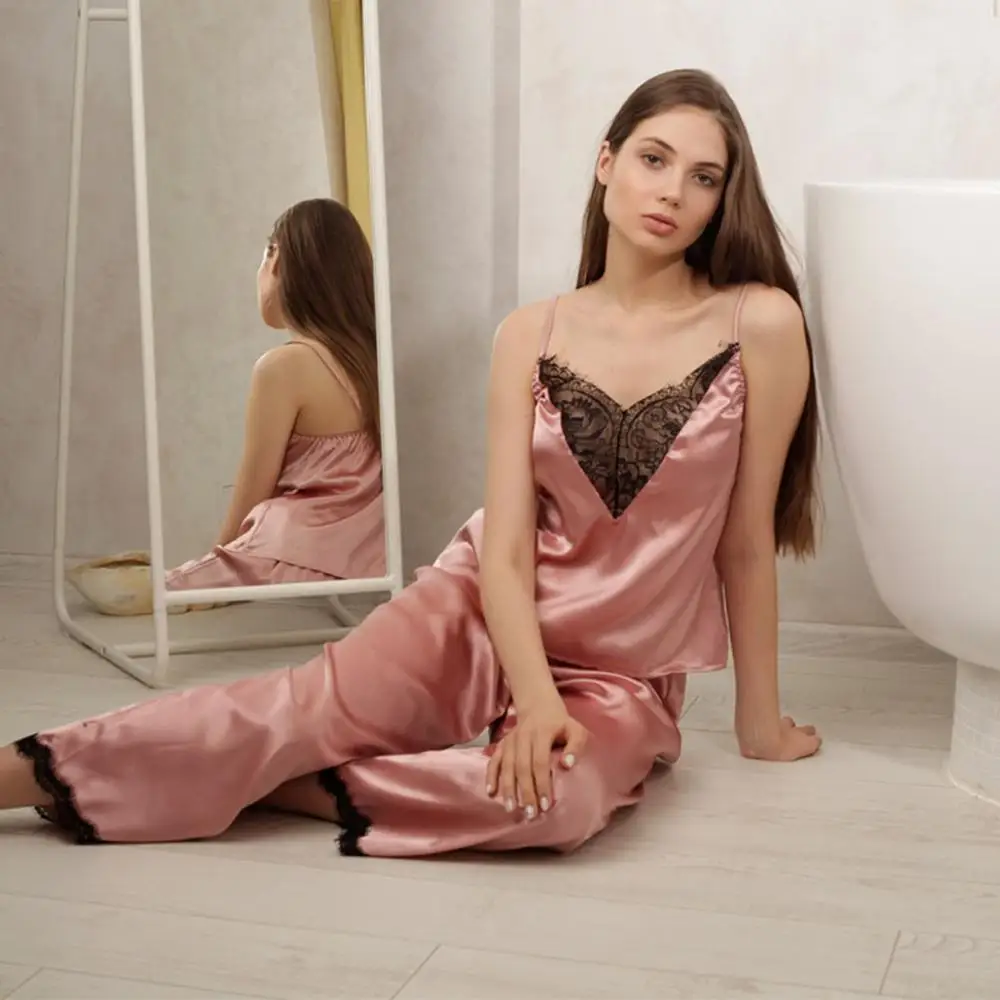 2019 женская пижама Сексуальный Атласный пижамный комплект Черная кружевная