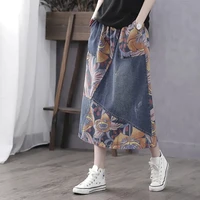 fashion summer skirts womens 2022 retro print stitching jeans skirt women long high waist a line denim skirt loose cotton 323