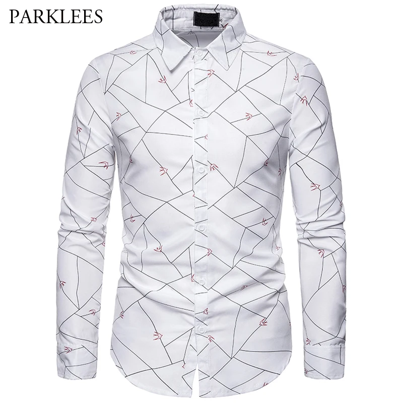 Мужская рубашка с длинным рукавом Line Small Flying Swallow белая Повседневная Облегающая