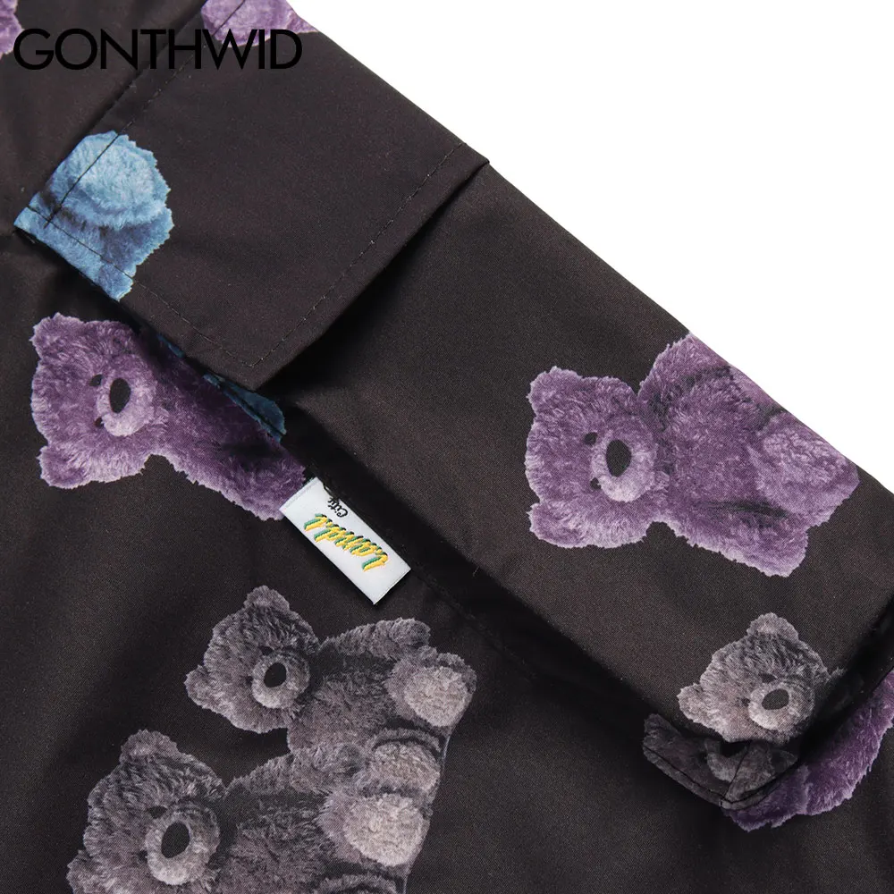 

GONTHWID Cargo Shorts Streetwear Hip Hop Cartoon Bear Print Short Pants Men Harajuku Casual Loose Fashion Elastic Waist Trousers