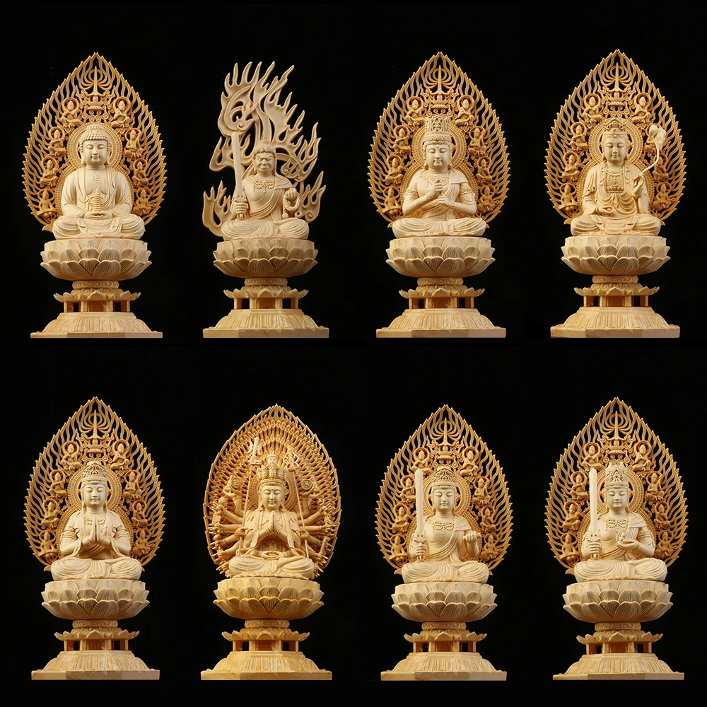 

28CM Eight Gods Patron Saint Feng Shui Solid Wood Buddha Statues Bodhisattva Peace Lucky Sculpture
