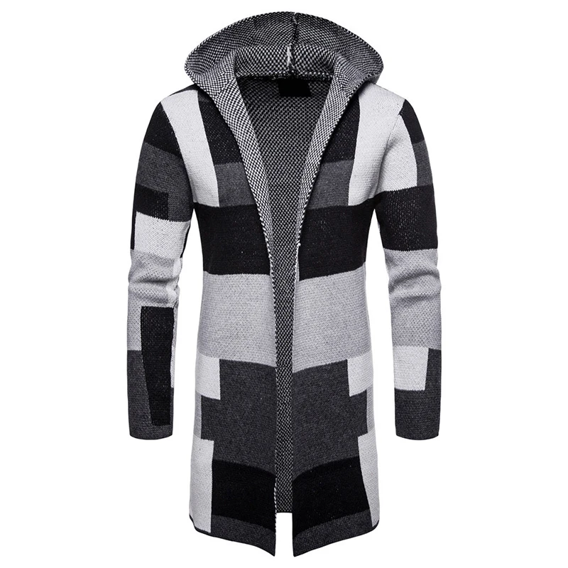 

New Autumn Men Cardigan Sweater Long Hooded Men's Knitwear Patchwork Sweatercoat Male British Style Knitted Sweater