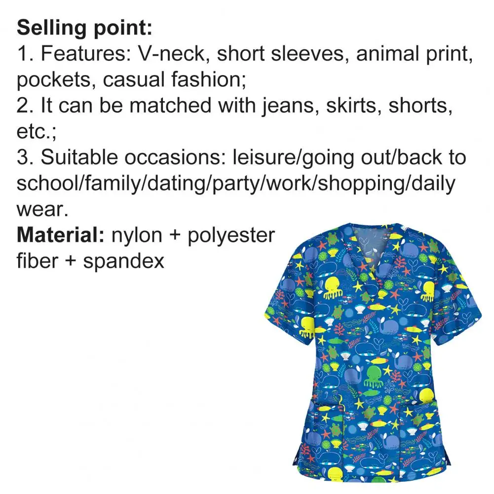 

75% HOT SALES !!!T-shirt Cartoon Print Pockets Top Women Short Sleeve V Neck Blouse Working Uniform for Summer