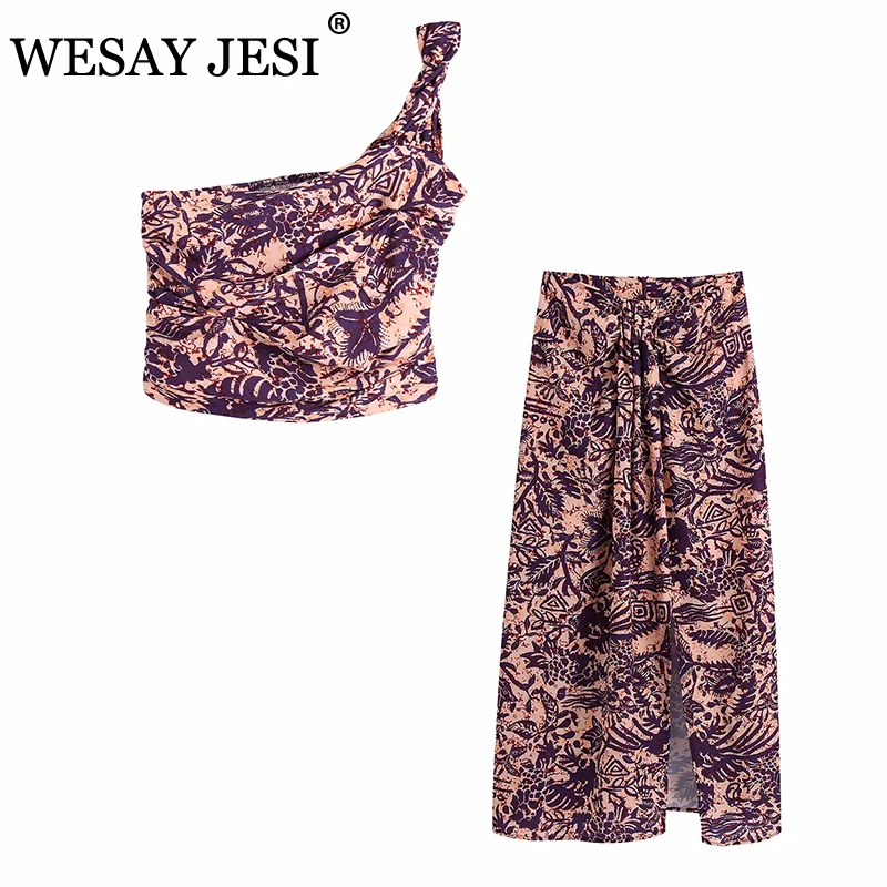 

WESAY JESI Women Clothing Suits TRAF ZA With Skirt Summer Top Skew Collar Vintage High Split Mid-Length Skirt Two Piece Set