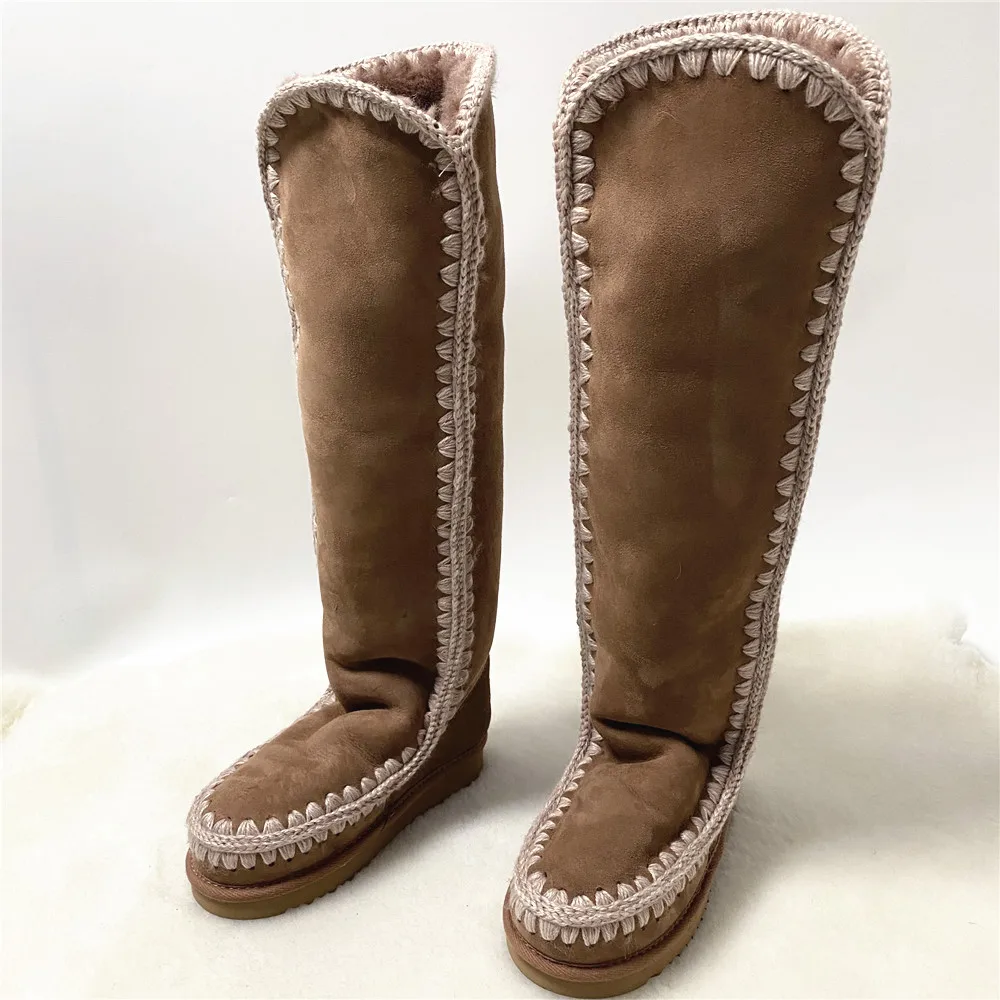 

2022 mou Eskimo 40 cm women's snow boots sheepskin handmade wool woven flat women's knee top boots