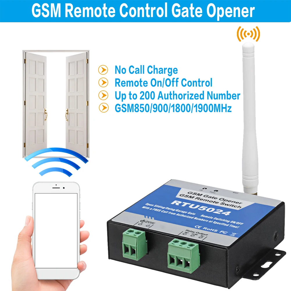 

GSM реле открывания ворот RTU5024, беспроводной пульт дистанционного управления, Открыватель дверей, бесплатный звонок 850/900/1800 МГц