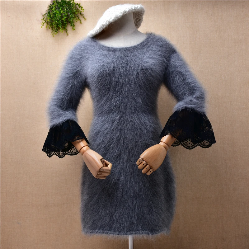 

Ladies women fashion grey hairy lace mink cashmere knitted half sleeves o-neck slim bottoming long sweater dress pullover jumper
