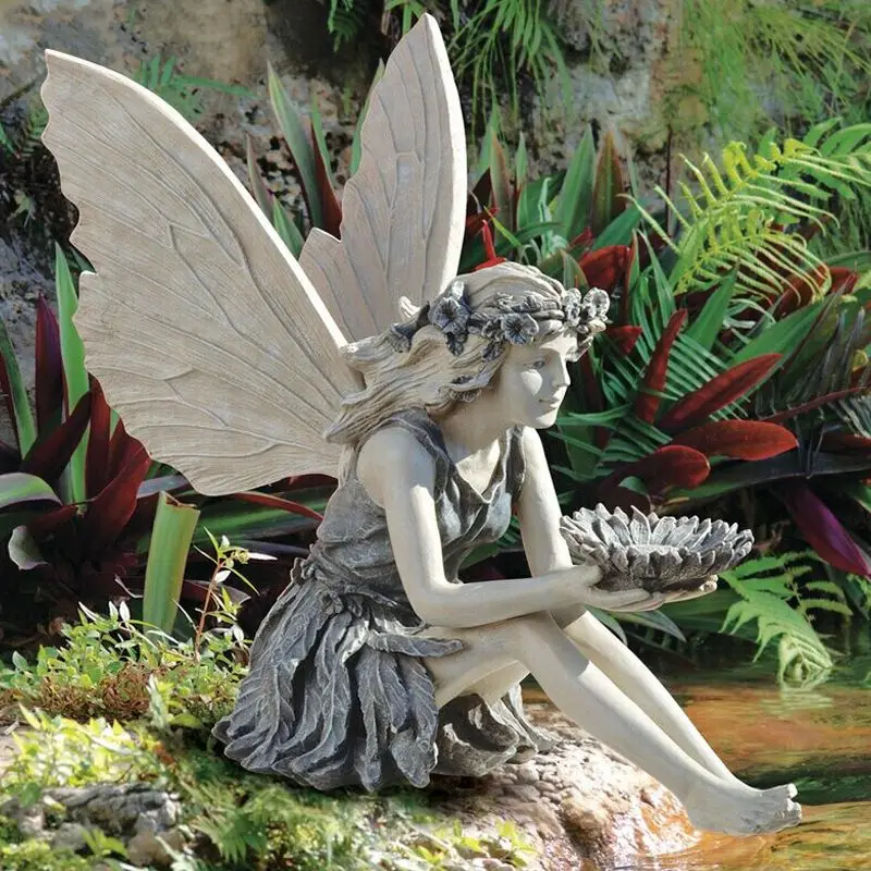 

Garden Sitting Fairy Statue Craft Landscaping Yard Lawn Figurine Decor Bird Feeder Outdoor Ornament Funny Unique Gift Sculptures