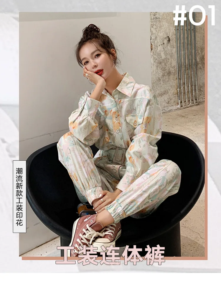 

Women Long Sleeve Print Shirt Style Jumpsuit Spring Autumn Loose Streetwear Hip Hop Cargo One Piece Pants Female Vintage Romper