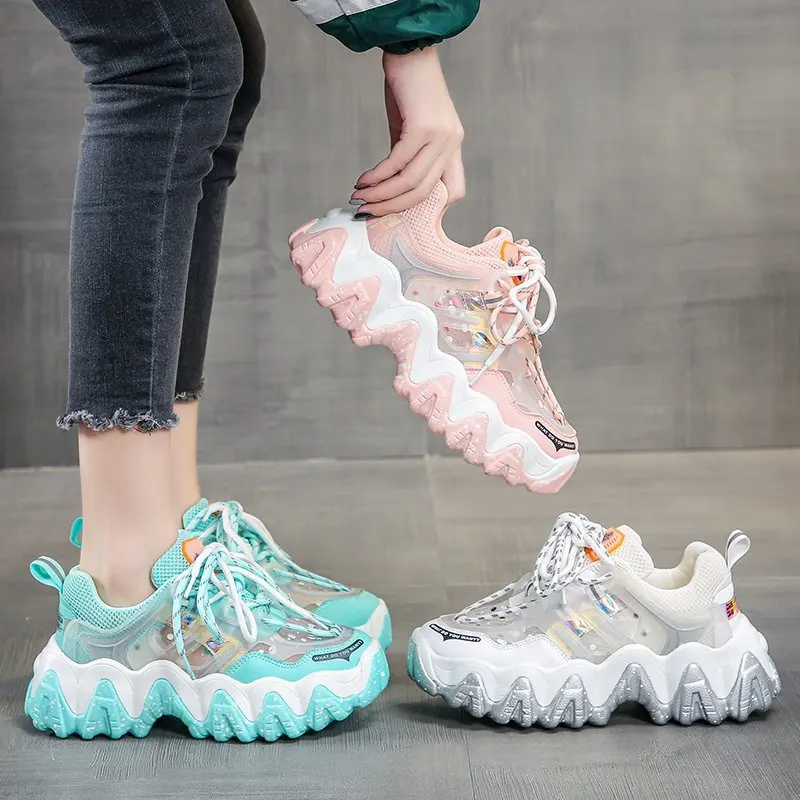 

Women Platform Shoes Thick Heel Casual Sneakers Female Chunky Vulcanized Shoes Fashion Ladies Running Sneaker Lace-up Tenis Shoe