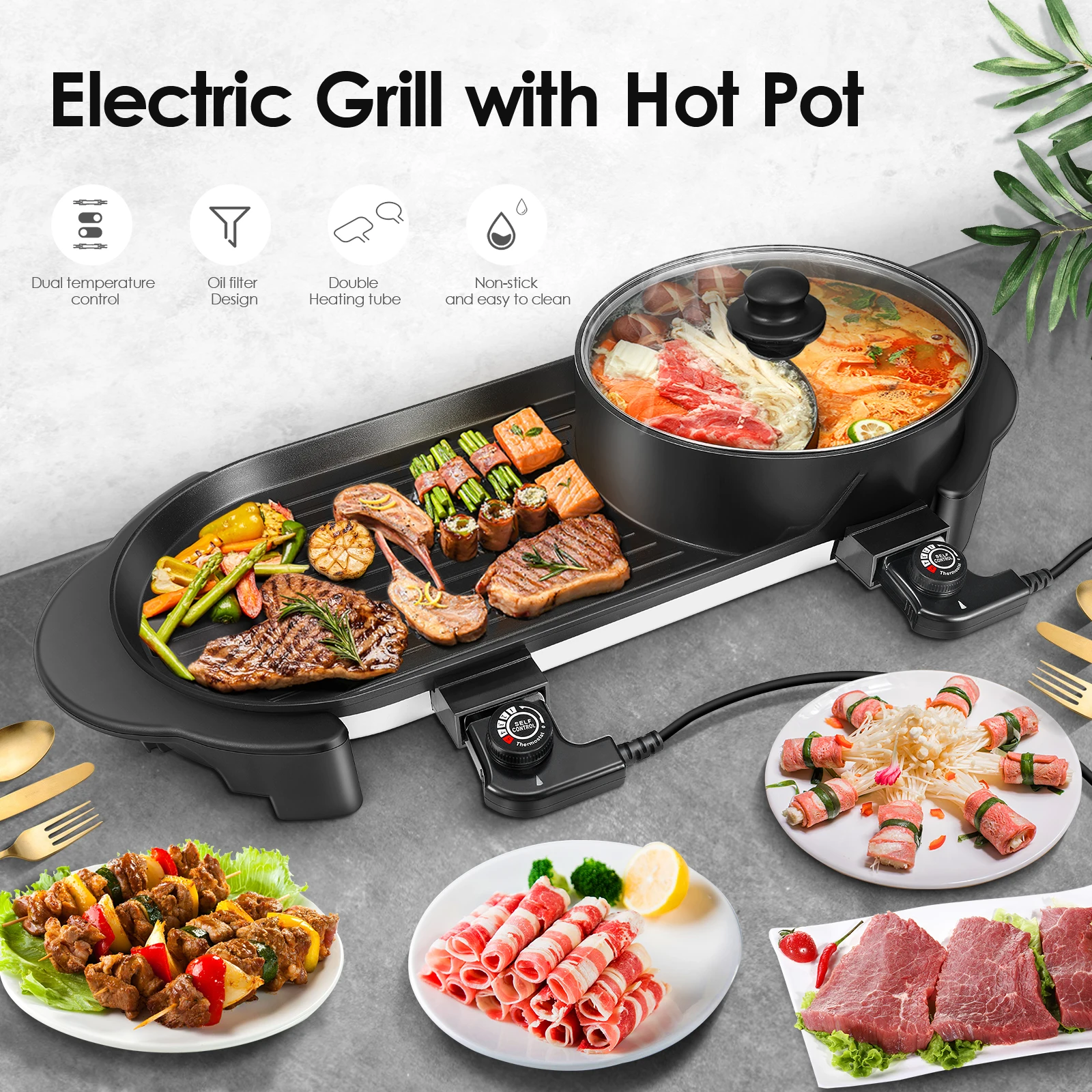 

Portable Electric Barbecue Grill Indoor Hot Pot Chafing Dish Large Capacity Household Multifunctional Non-Stick Electric Cooker