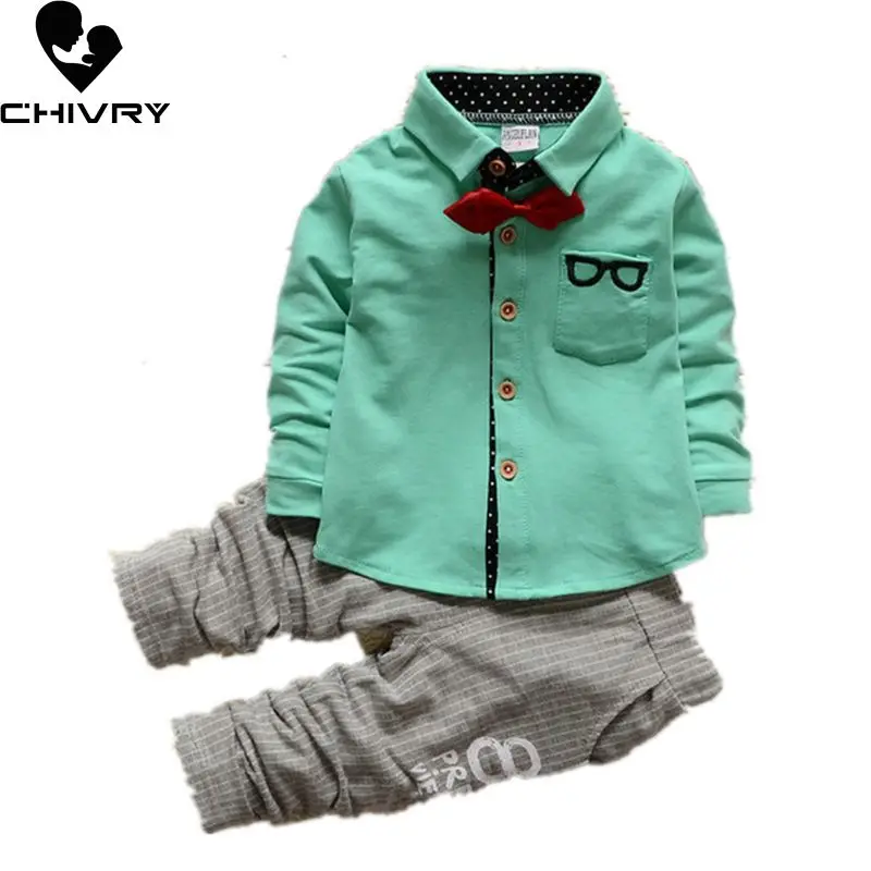 

New 2020 2Pcs Newborn Infant Baby Boys Clothes Set Spring Autumn Toddler Boys Solid Bow Shirts Tops + Pants Kids Clothing Sets