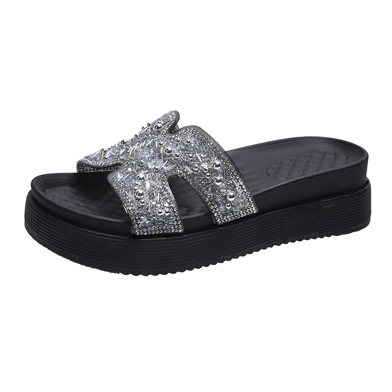 

Casual Simple Women's Slippers 2021 Fashion All-match Vamp Rhinestone Decoration Open-toed Platform Slippers
