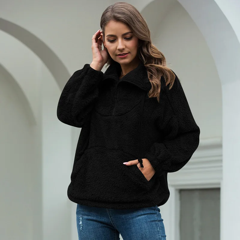 

Stand-up Collar Drawstring Casual Pocket Plush White Hooded Fluffy Hooded Sweatshirt Zipper Hoodies Winter Jumper Female 2020
