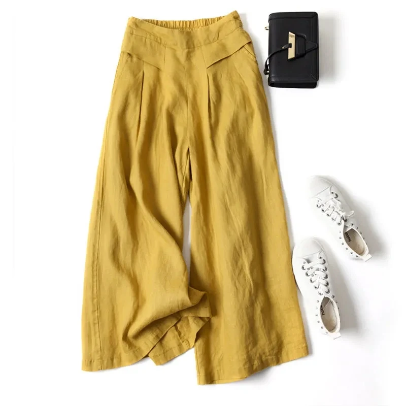 

Linen wide-leg pants women's summer breathable thin loose literary retro solid wild nine-point cotton linen pants women