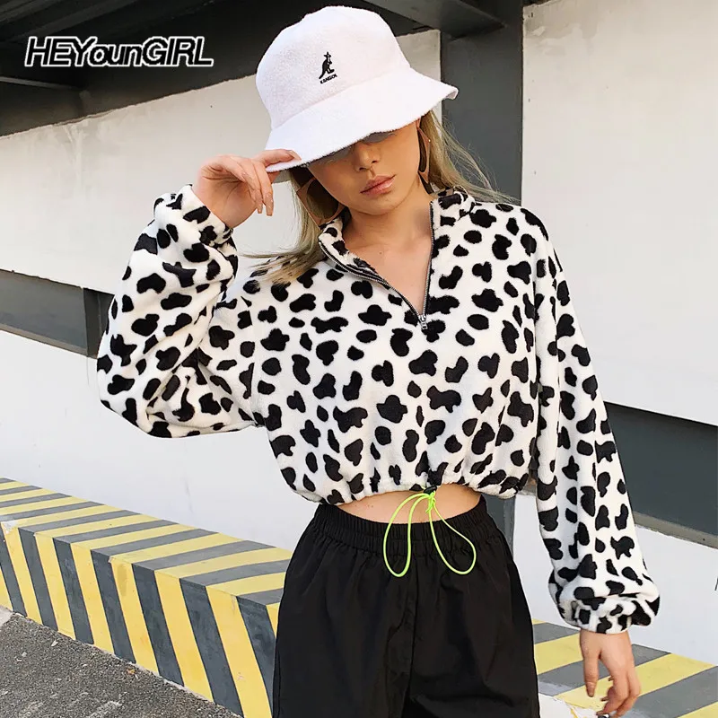 Белый HEYounGIRL Cow Print Black White Crop Sweatshirt Women Casual Long Sleeve Pullover Hoodie Zipper Drawstring Autumn Winter Street - Цвет: Белый