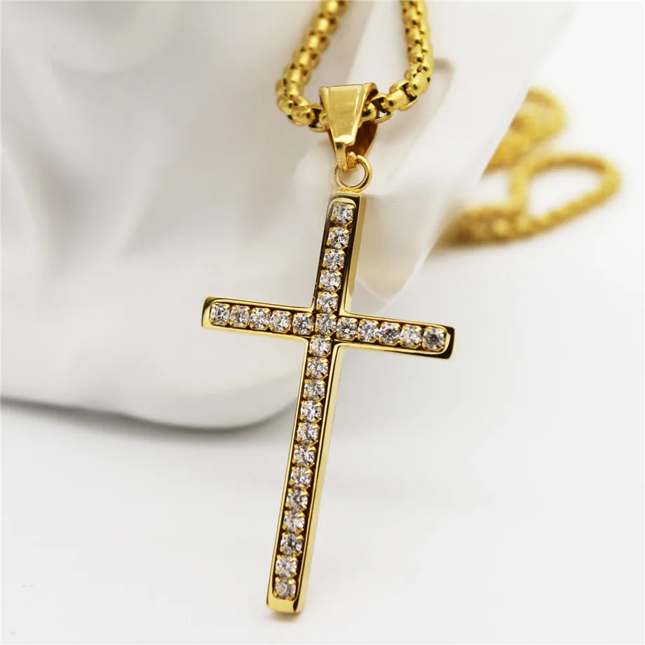 

Iced Out Female Cross Pendant Necklace Gold Color Stainless Steel Chains For Women Religious Christian Jewelry Christmas Gifts