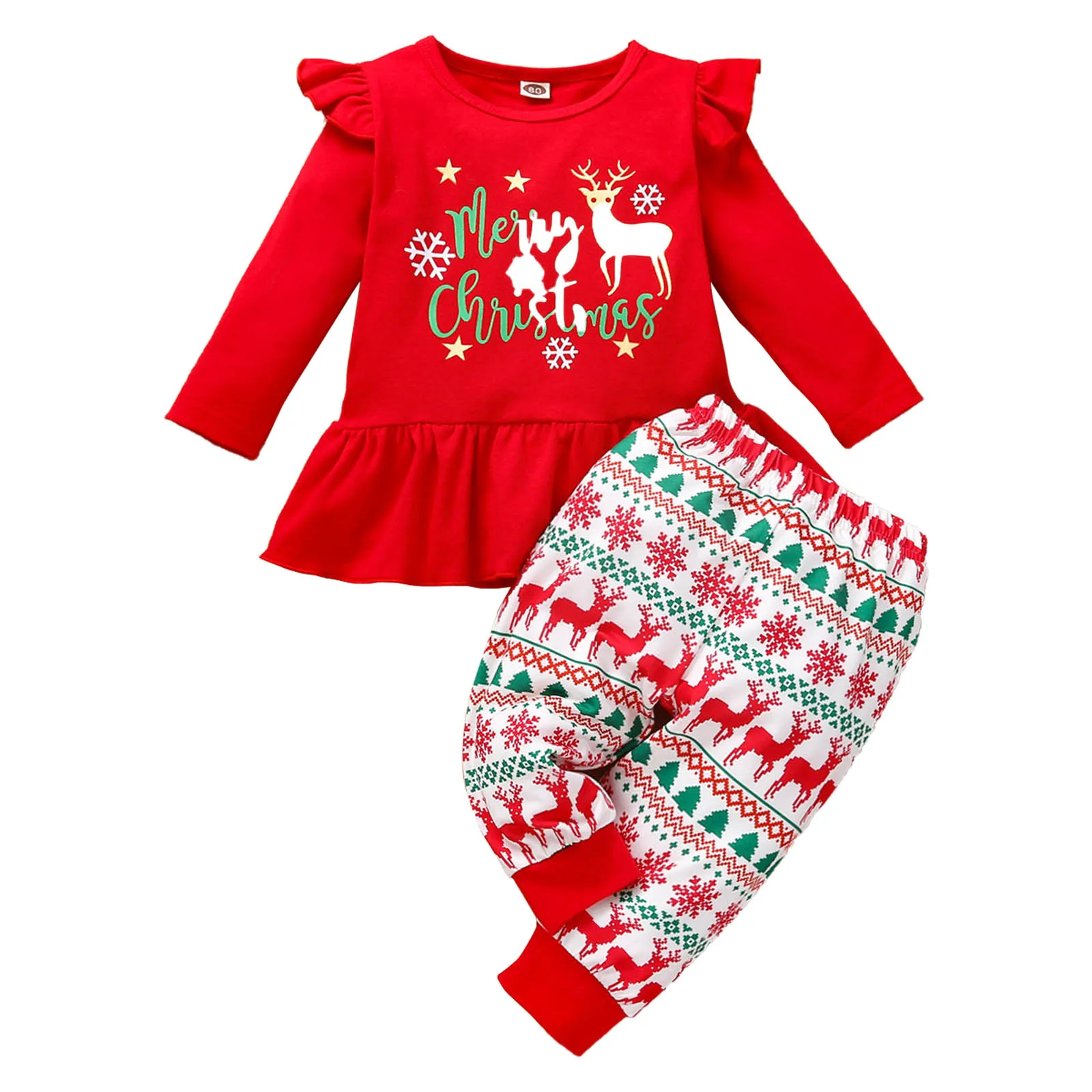 

1-6Y Toddler Kids Girl 1st Christmas Costume For Baby Flying Sleeve Elk Print Ruffle Hem T-shirt+Deer Pants New Year Xmas Outfit