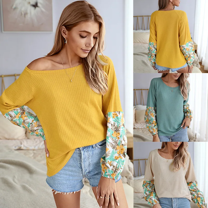 

Loose Sweater Women's Simple Lantern Sleeve Knit Stitching printing Lace Fashion Autumn Loose Round Neck Female Sweater Q171