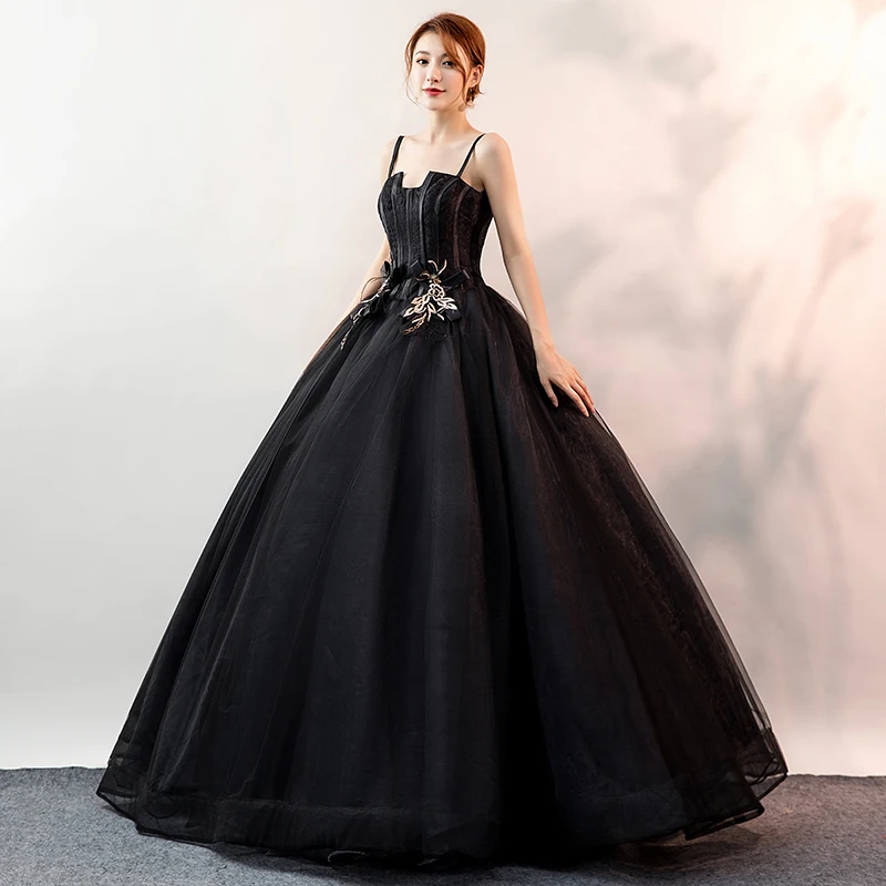 Женское бальное платье без рукавов черное кружевное с цветочным принтом и