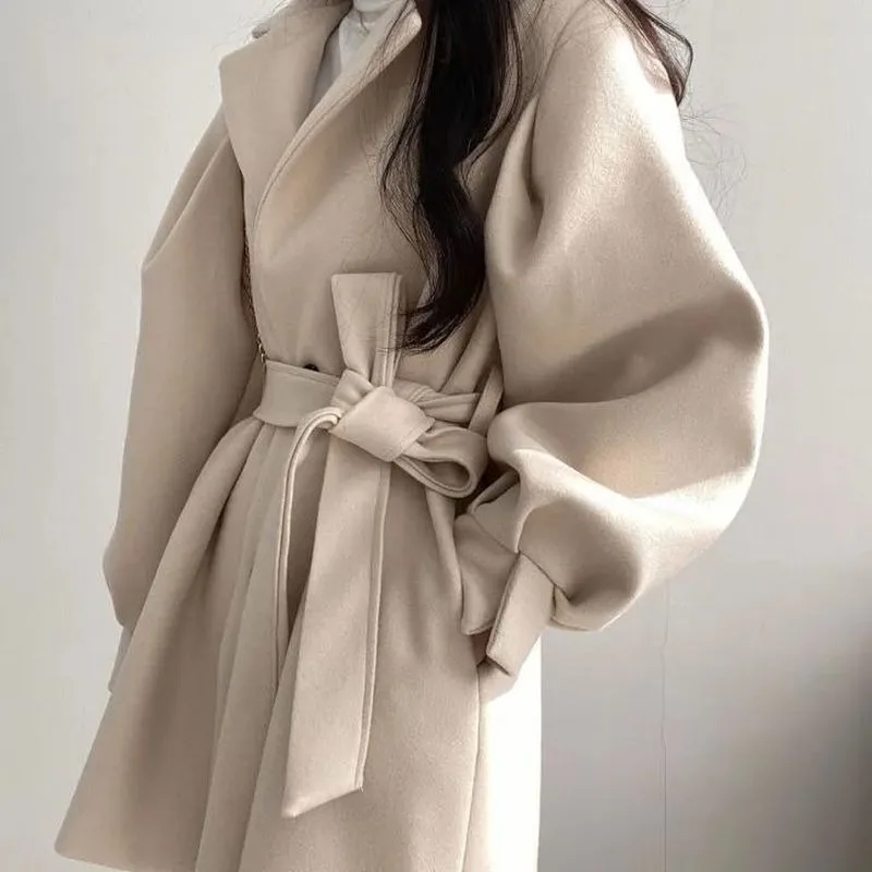 

2021 Fashion Women With Belt Loose Jacket Coat Vintage Long Sleeve Side Pockets Female Outerwear Chic Overcoat