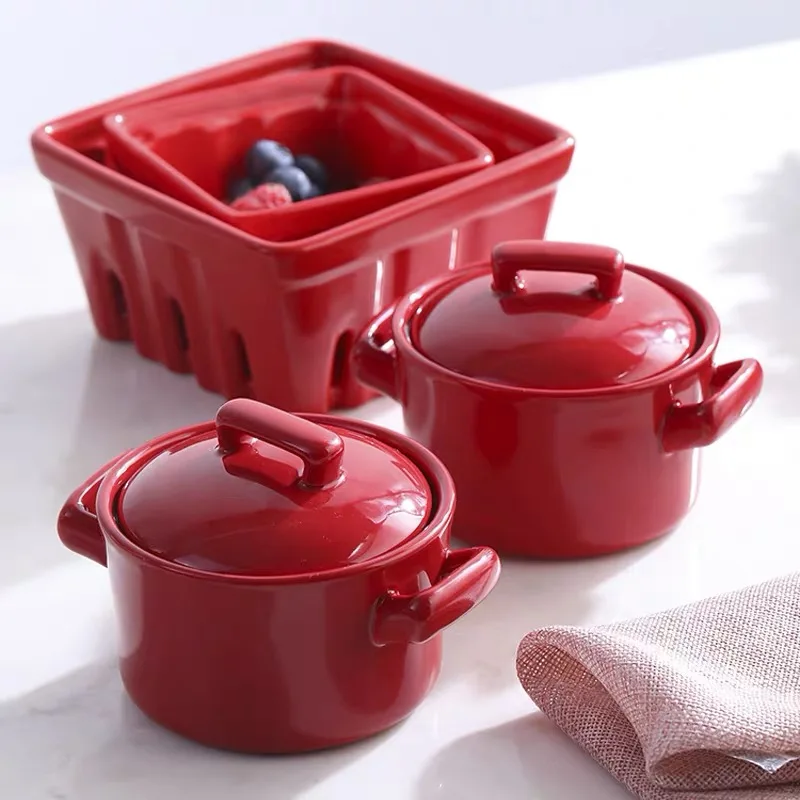 Красная керамическая Comal чаша для выпечки с крышкой двойной ушной тушью горшок