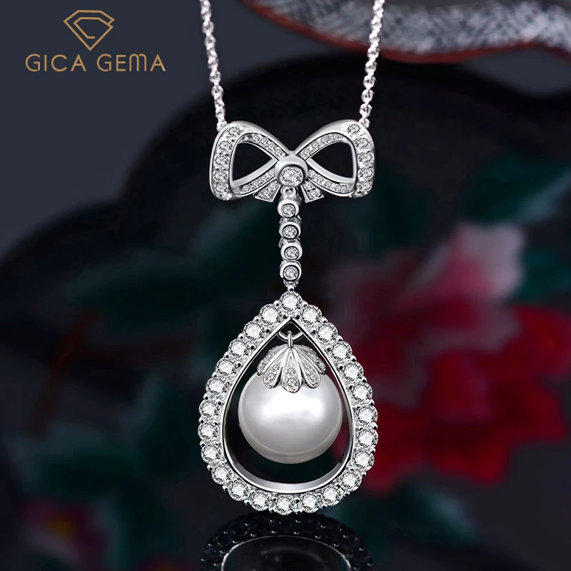 

GICA GEMA Solid 925 Sterling Silver 14MM Pearl Creted Moissanite Pendant Necklaces Women Wedding Fine Jewelry Gift Wholesale