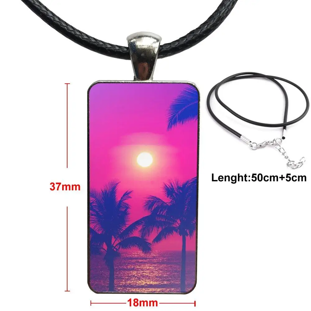 

For Men Women Aloha Palm Trees Summer Nature Fashion Glass Cabochon Pendant Rectangle Necklace Choker Necklace Jewelry