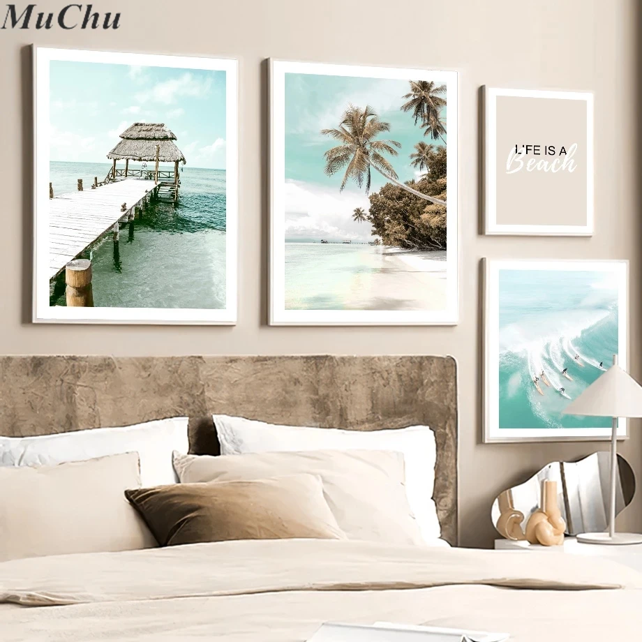 Coconut Palm Surfboard Sailboat Beach Shell Art Canvas Painting Nordic Posters And Prints Wall Pictures Living Room Home Decor | Дом и сад