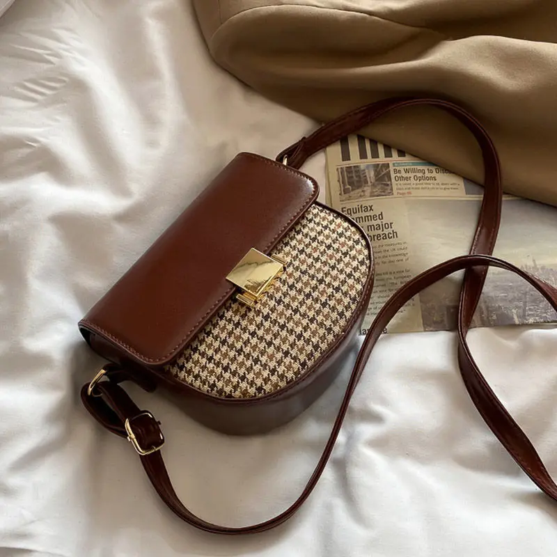 

Saddle Bag for Woman 2021 Vintage Handbags Small Shoulder Bags Purses Luxury Designer Leather Crossbody Houndstooth Stylish