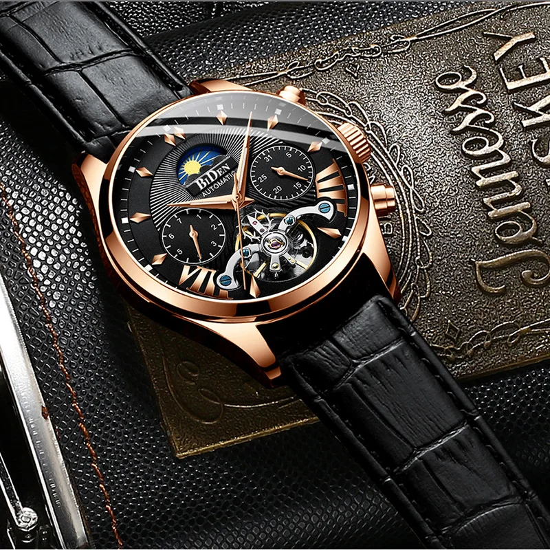 Мужские часы автоматические механические мужские золотые черные деловые