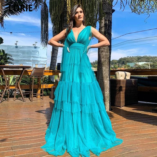 

LORIE V-neck Long Tulle Prom Dresses 2021 Sleeveless A Line Evening Gowns Tiered Floor Length Formal Party Dress Robes De Soirée