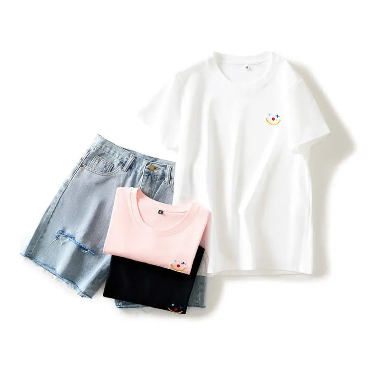 

Oversized S-5XL White black pink T-shirt Unisex Loose casual embroidery short sleeves ins fashion 2021 summer pure cotton tops