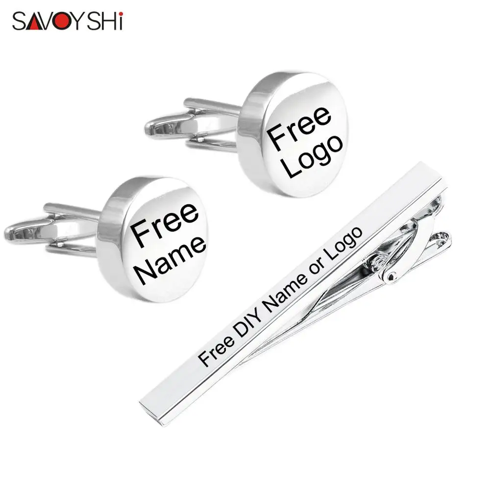 

SAVOYSHI Free engraving name Cufflinks tie clip set for Mens Special gift High quality Silver color Cuff links Tie bone pin bars