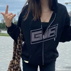 Модная женская куртка Y2K Стразы с надписью, пальто с длинным рукавом, на молнии, с капюшоном, черные толстовки, Женская Байкерская уличная одежда