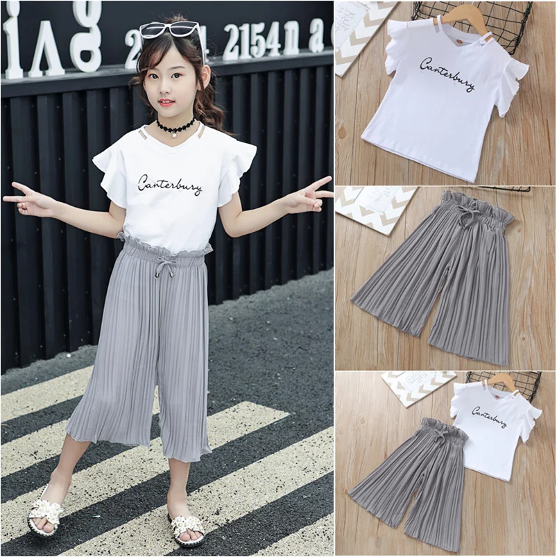 2020 комплект одежды для маленьких девочек Детская футболка с принтом + широкие