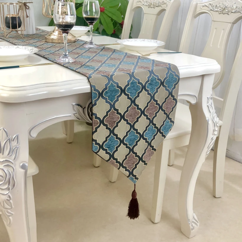 

Europe Classical Chenille Lattice Table Runner Advanced Home Furnishing Embossed Cover Cloth Bed End Towel Geometric Tablecloth